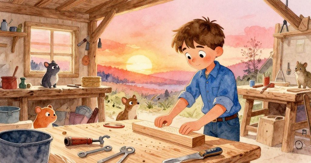 芬恩在熱鬧工坊中忙著操作木條，小動物好奇圍觀，工具散落，整體氛圍溫暖明亮。