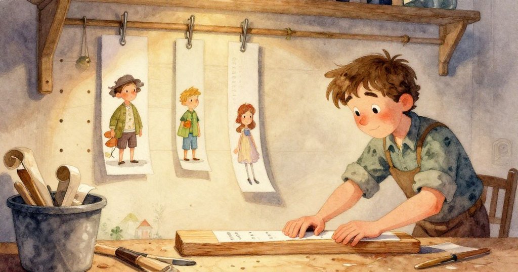 芬恩專注的雙手正用力壓著細砂木條，木屑隨每一下劃過輕輕飛舞，呈現精緻工藝。