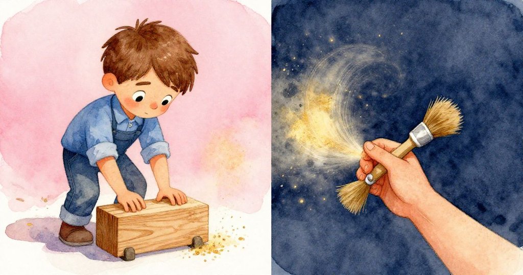 左邊的芬恩認真旋轉木塊，右邊則被鬆散的刷子輕觸手腕，木屑彌漫，畫面同時展現專注與小插曲。