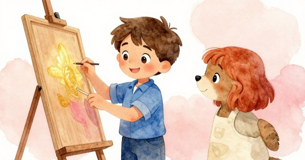 芬恩滿懷喜悅地檢查著近完成的木板，薩布爾在旁微笑共享成功，工坊內洋溢著溫暖慶祝氣氛。