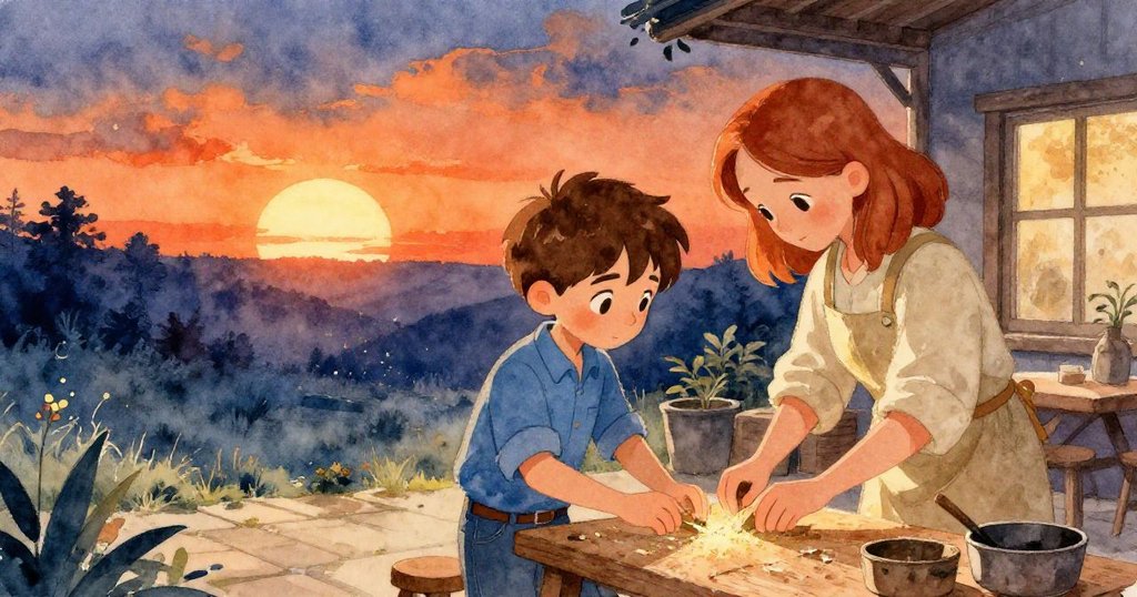 芬恩與薩布爾在工坊工作台旁重逢，最後的木屑在露台邊隨夕陽柔和漂移，映出寧靜而成功的神情。