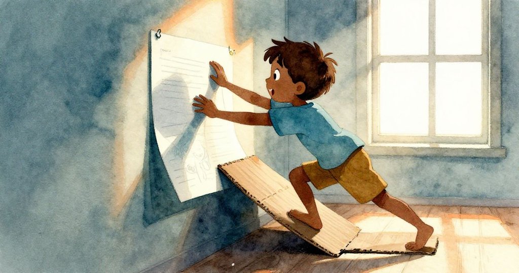 艾米特站在明亮窗邊推動紙板山峰，他的剪影與溫暖陽光交織展現出期待與好奇，開啟創作旅程。