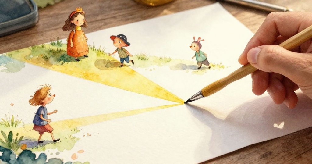 艾米特目光所及中，手持新紙板段與原有山峰融合，映出斑斕光影，展現決心與創意交織的瞬間。