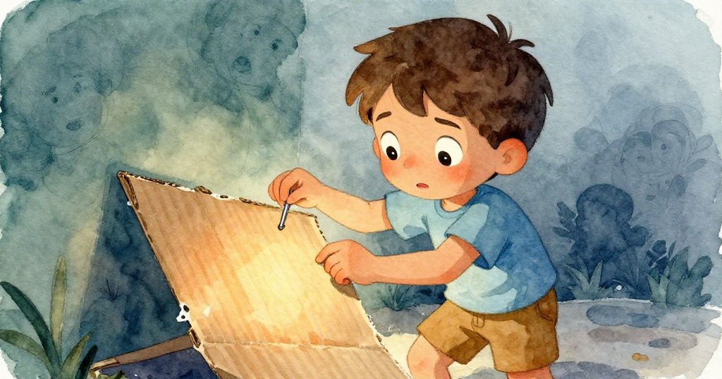 艾米特發現紙板釘子鬆動，面帶擔憂與堅毅調整釘子，修復紙板山峰連接，展現創作中的抉擇。