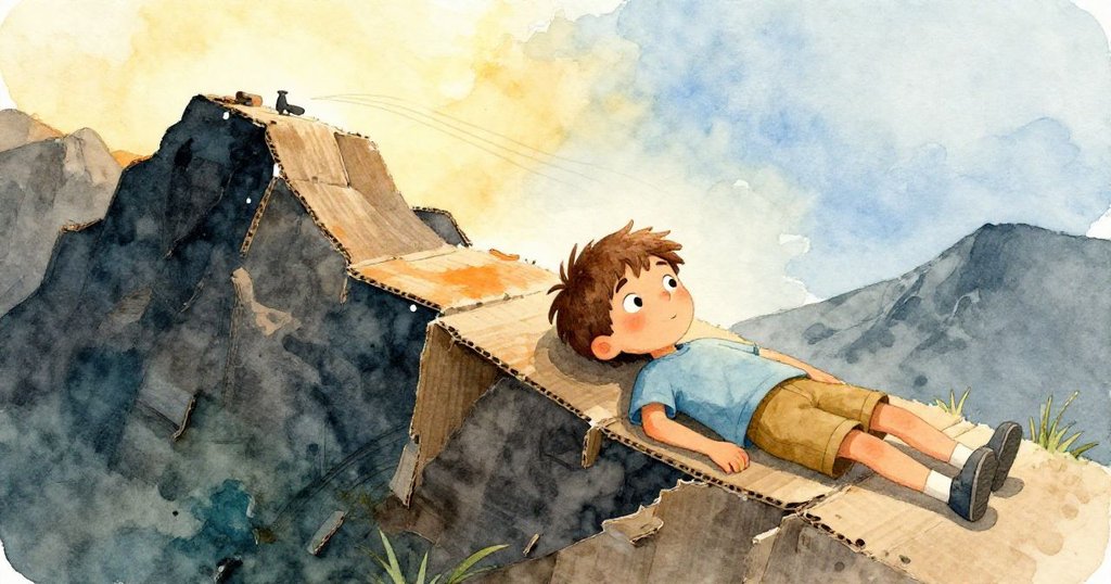 艾米特靠近完成的紙板山脊安坐欣賞，臉上流露出滿足與平靜，柔和陽光灑落營造寧靜溫暖氣氛。