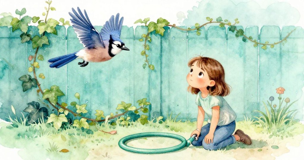 從藍鵲視角看，萊娜跪在糾結的花園水管旁清洗泥水，藍鵲掠過常春藤籬笆散落露珠，氣氛生動而柔和。