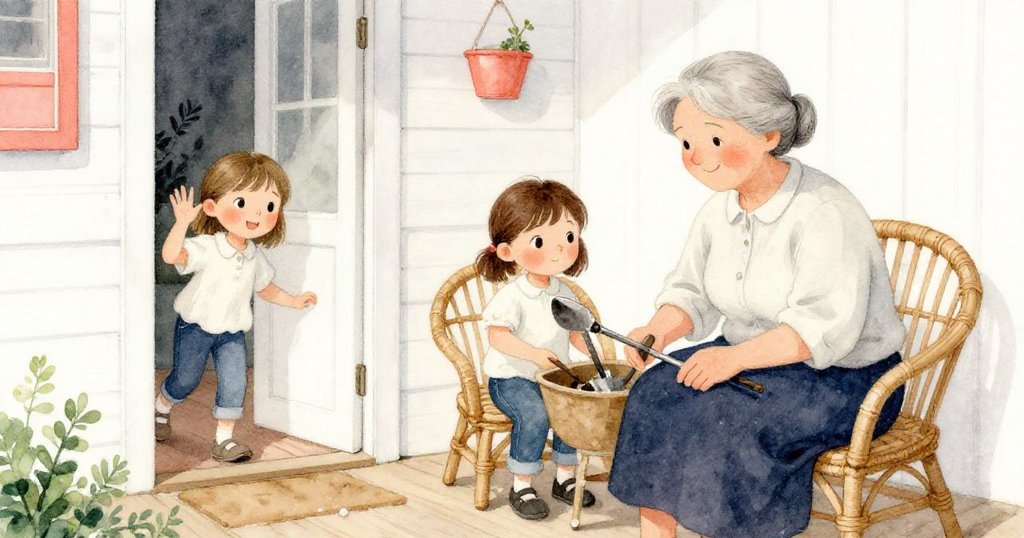 葛瑞塔在舒適的室內庭院中整理園藝工具，萊娜從門口歡快揮手問好，室內溫暖光線映出和煦與安心。