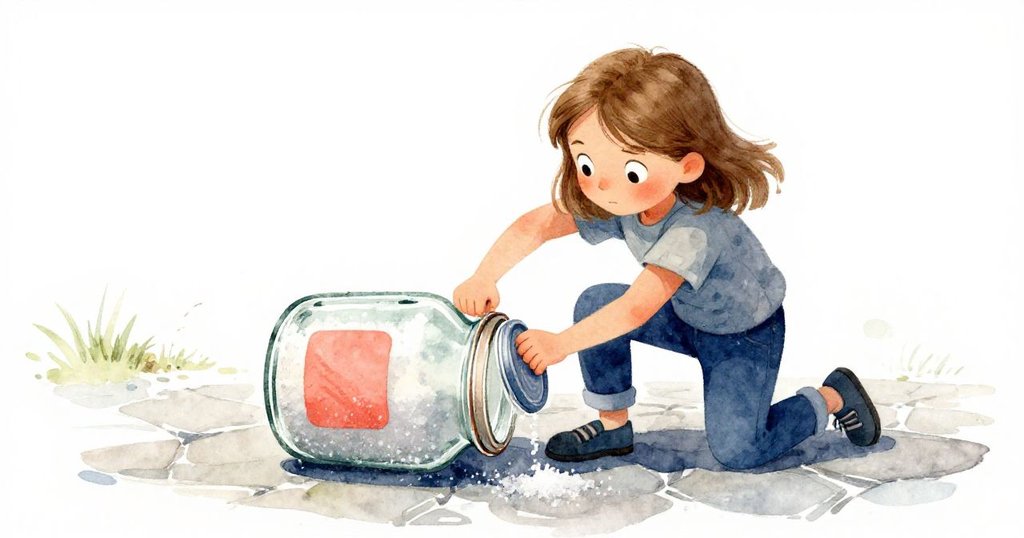 萊娜在石路上奮力阻止滾動的玻璃罐，用膝蓋擋住並迅速旋轉蓋子，顯示出堅定決心與動態緊張感。