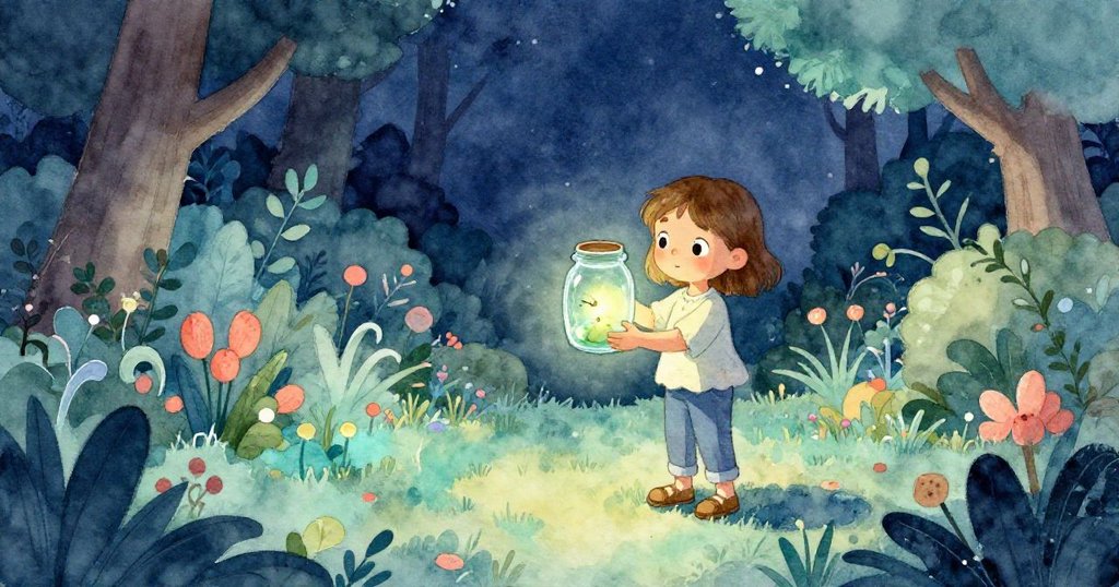 夜幕花園中萊娜溫柔拿著打開的玻璃罐，罐中發光的小螢火蟲映出她得意微笑，現場充滿靜謐與甜美茉莉香氣。