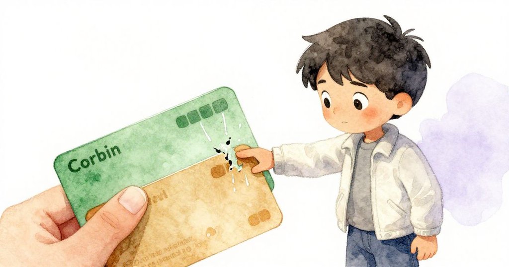 Corbin 專注地摩擦旅行卡,注意到卡邊的細微破損與水珠凝結,讀卡器光線由綠轉琥珀。