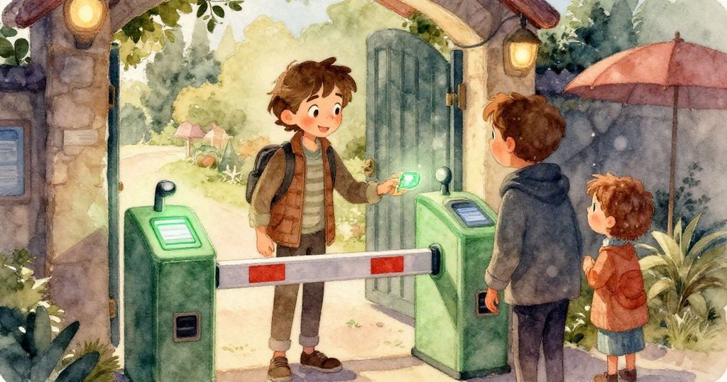 旅行卡與讀卡器表面因水珠凝結出迷離反光,綠色顯示轉化為琥珀光,細節豐富且神秘。