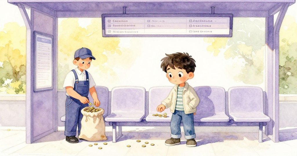 在候車庇護所內,Corbin注意到維修工人將硬幣放入帆布袋,背景時刻板閃爍出溫暖光影,充滿細節。