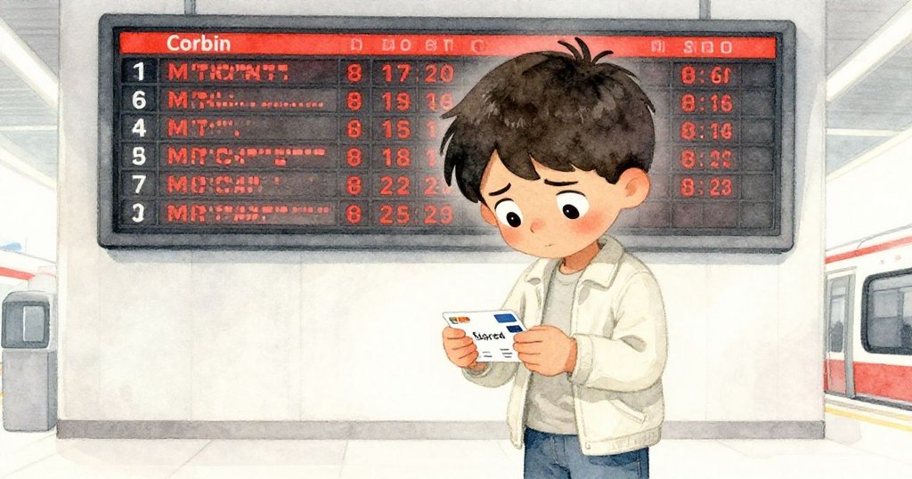 Corbin在緊張時刻認真調整旅行卡,臉上表露焦慮與堅定,時刻板閃爍出壓迫感。