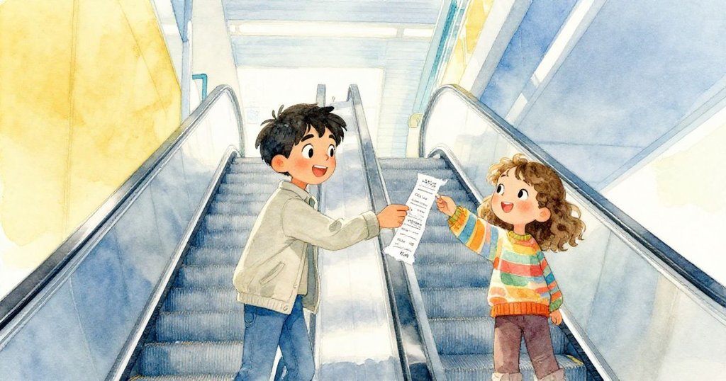 Corbin與Ivy在自動扶梯上共享紙條,象徵迎向新旅程,臉上洋溢著喜悅,背景現代化車站透出暖光。