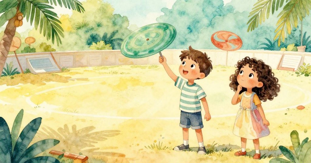 Heath 與 Adele 在場上觀察盤子旋轉，層次豐富背景呈現陽光與陰影交錯，臉上流露默契與期待。