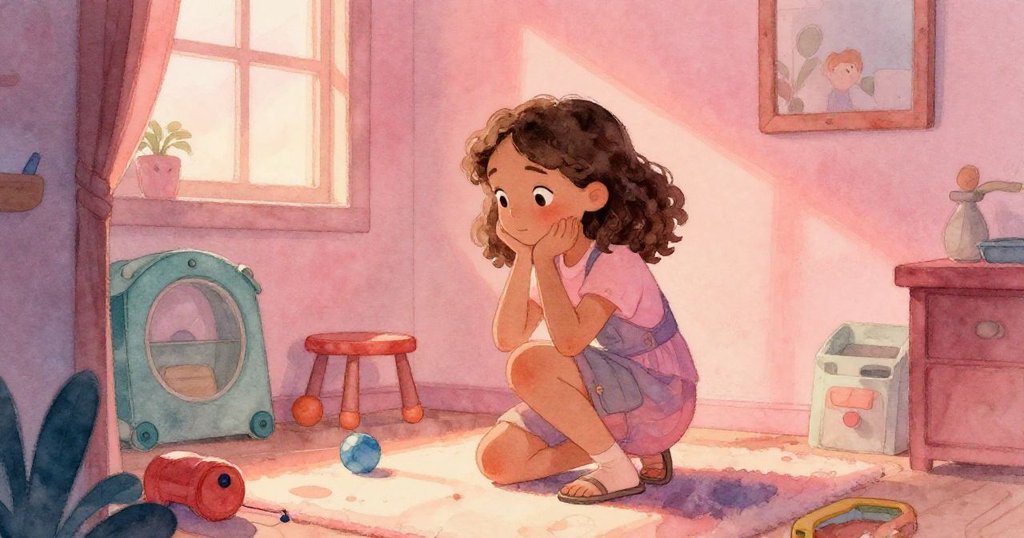 Adele 蹲在溫馨室內角落，輕撫等待發射的盤子，窗外夕陽映照，散發溫暖細膩情感。