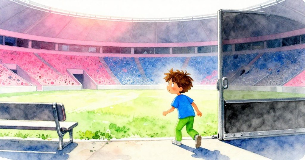 Owen站在陽光與陰影交錯的競技場邊沿,朝著準備台走去,開門隱約透出溫室氣息,充滿期待與探索。