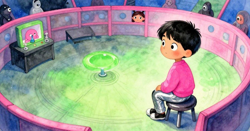 Reed坐在低凳上,從高處留意Owen實驗的每個細節,臉上流露出調皮與欣賞,場景充滿動態層次。