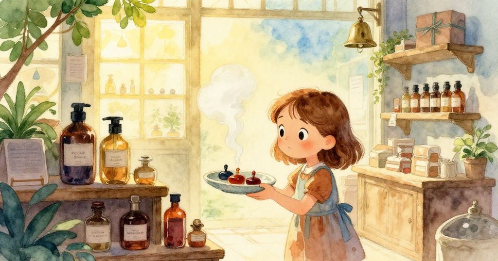 Nora站在溫暖的店內櫃檯邊，好奇地觀察從陶瓷托盤中冒出的細煙，店內燈光柔和，氣氛平靜。