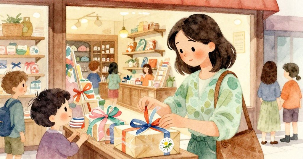 Janet在店內近距離檢視包裝盒上壓著的雛菊和彩帶，周圍有其他顧客忙著搬動禮盒，環境溫馨明亮。