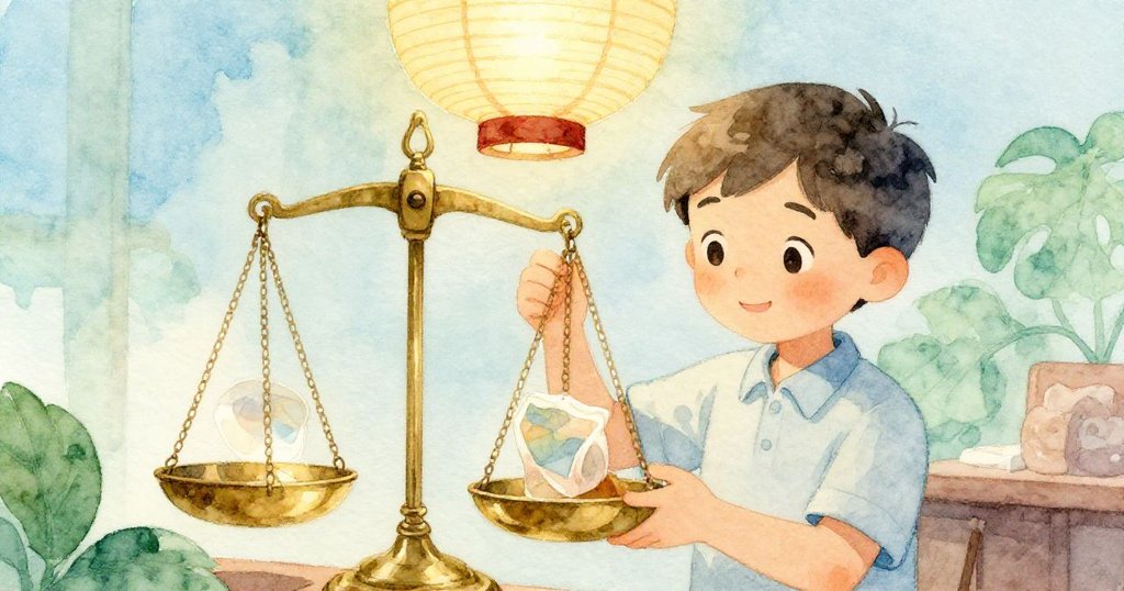 Lars在包裝櫃台上輕放物品，近距離展示黃銅秤上紙燈籠模糊倒影，光線柔和，細節豐富。