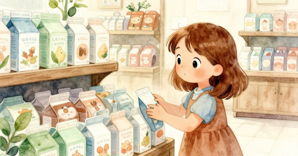 Nora在店內中段的貨架旁仔細檢查整齊排列的小紙盒，伸手輕觸其中一盒，神情專注充滿期待。