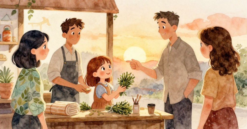 Nora在暖光中選擇雪松禮束，與Lars互點確認，Janet在旁露出欣慰微笑，氣氛溫馨而愉快。