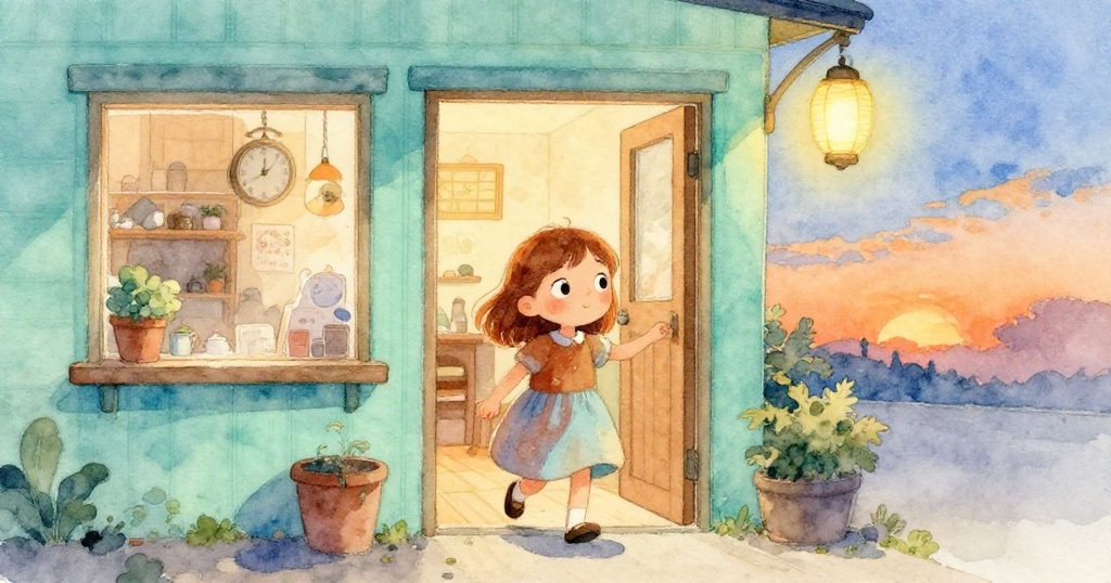 Nora邁步走出店門，外面微光昏黃，鐘聲餘韻與紙燈籠輕敲營造出溫柔結局，神情堅定充滿期待。