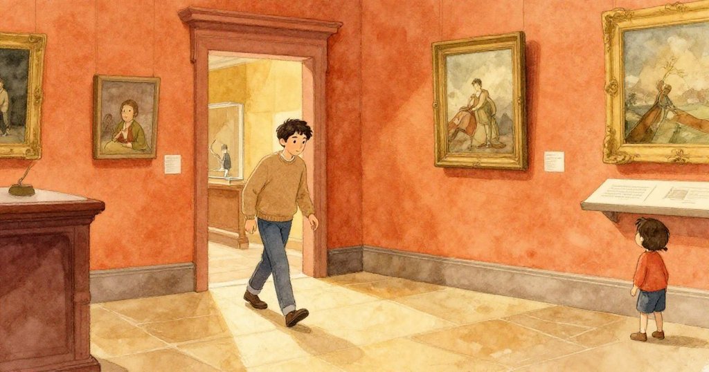 索倫輕步進入博物館，踏上拋光石地，臉上流露期待，溫暖古典背景展現歷史韻味。