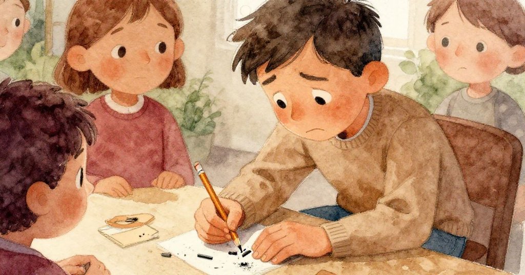 索倫專注中突然露出愁容，手中的鉛筆斷裂，桌上散落石墨碎片映出博物館藝術氛圍。