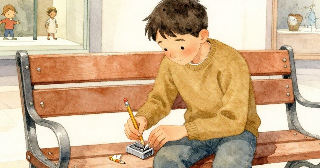 索倫專注調整握姿，小心將斷鉛筆放入金屬削筆器中，細節呈現木質與金屬質感，展現博物館靜謐氛圍。