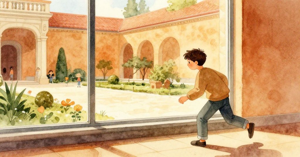 索倫取用備用鉛筆途中，經窗戶瞥見古典庭院與花園景致，室內外光影交融展現歷史與現代的融合。