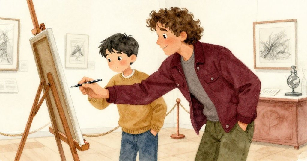 索倫與本於音頻指南處熱心互助，本遞上機械鉛筆，兩人靠攏於畫架邊默契共繪，背景隱現團體參觀。