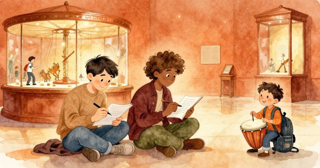 索倫與本並排在畫架前用心作畫，背景中停轉的立體模型與嬉戲背包敲打的孩子，共同締造溫馨結局。