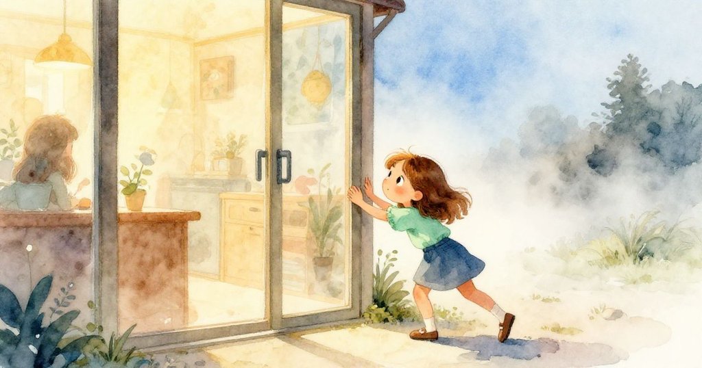 Lyra推開玻璃門進入店內,清晨薄霧輕柔流動,表情充滿期待,背景散發溫暖光芒與自然香氣。