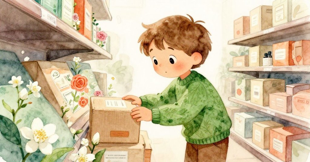 Hector在店中過道檢視盒子,動作專注並輕嗅香氣,溫暖燈光下空間充滿自然花香與柔和色調。