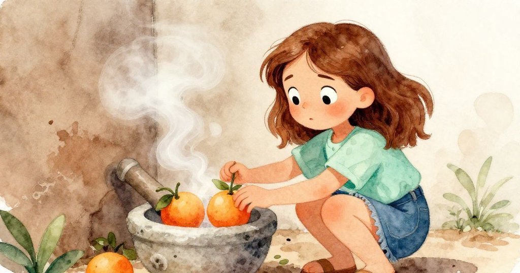 Lyra蹲在灰石臼旁輕敲柑橘包裹,煙霧繚繞形成奇幻幾何,動作細膩展現香氣辨別。