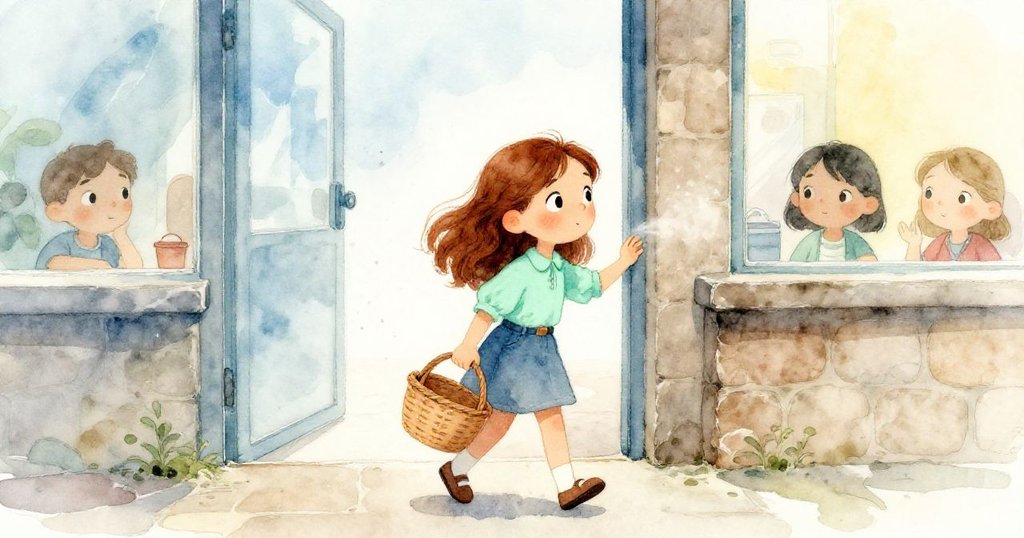 Lyra提籃步向玻璃門,涼風吹拂室內暖香交融,石台上微塵飄散,畫面寧靜結局溫柔收斂。