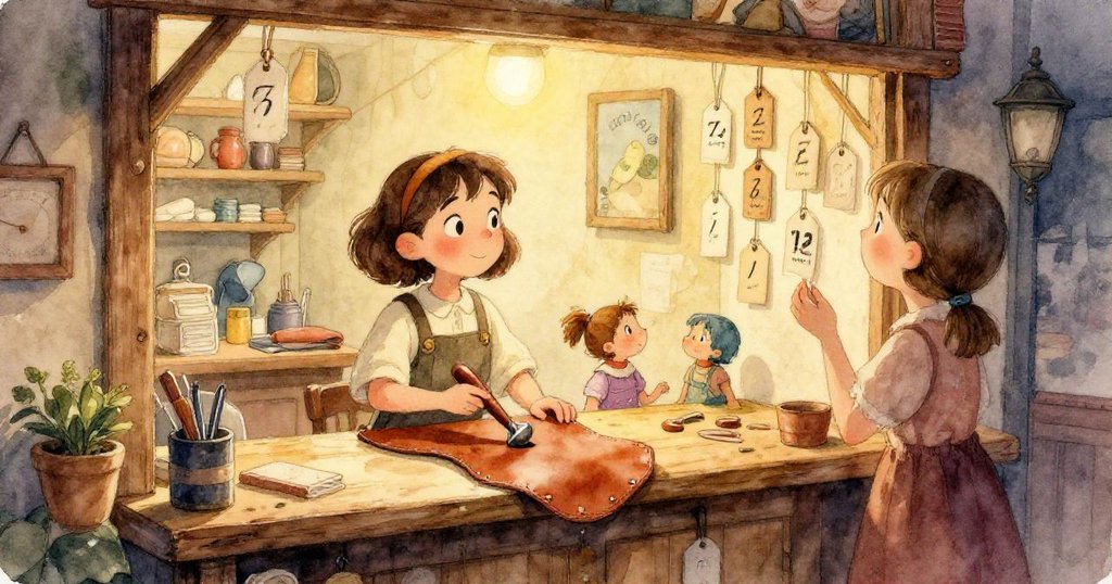 Tess正專注修補櫃檯上搖晃的靴子,特寫展示鞋底細節與鮮明飾色,洋溢專注修復熱情。