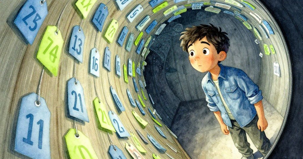 Cal凝視木牆上盤旋的數字紙標,極近鏡頭下變幻出神秘圖案,映襯出好奇與探索的神情。