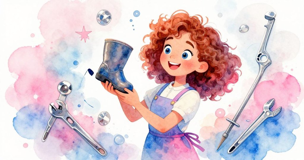 Tess微笑著回憶往昔修補時光,溫柔中透著歡愉,柔和懷舊色調搭配鮮豔霓虹點綴,洋溢溫馨情感。