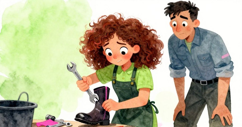 Tess專注使用扳手調整搖晃靴跟,神情略帶挫折,Cal在一旁默默支持,展現修補困境與決心。