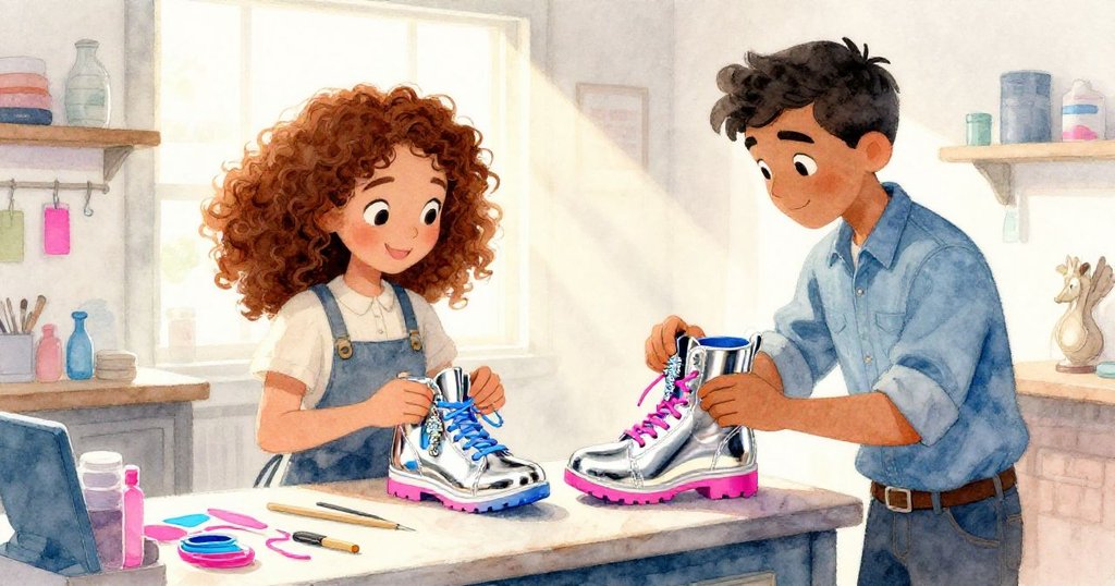 Tess與Cal在明亮陽光下完成修補,靴子平穩放置櫃檯上,微笑點頭展望新挑戰,細塵隨光飛舞展現希望。