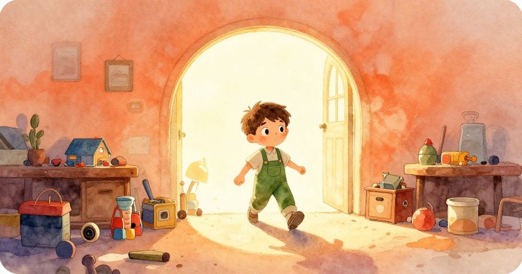 Cyrus 穿著綠色工作服走向燈光圓圈，燈光像入口般照亮暗室，桌上夾具及陰影顯現神秘工坊情境。