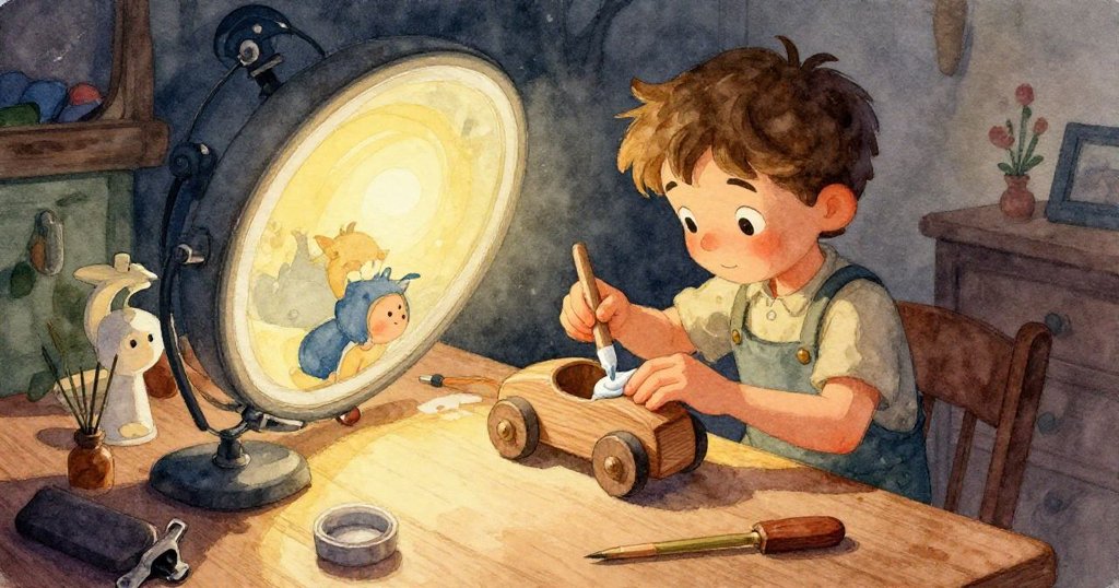 Cyrus 的手指沾著涼膠，仔細裝配玩具車輪，木紋與膠光細節清晰，燈光映照出工坊製作情景。