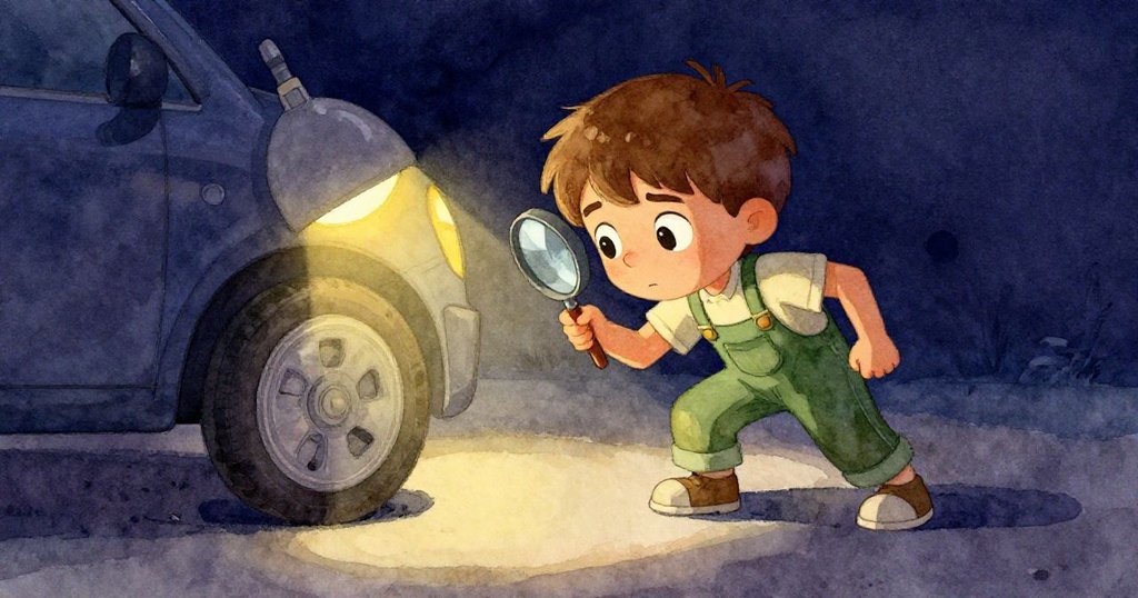 Cyrus 仰望燈光下，專注使用放大鏡觀察偏斜車輪，表情堅定，燈光與陰影營造戲劇感。