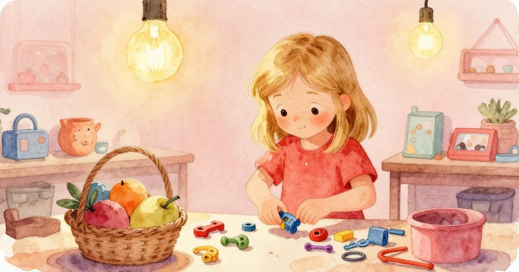 Nell 積極整理玩具零件，旁邊的水果籃和溫暖燈光下呈現工坊另一角落的溫馨忙碌氛圍。