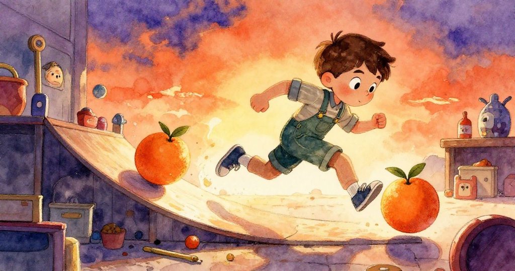 Cyrus 衝向滾動的橙子，急速奔跑中捕捉飛躍果實，光影交錯中展現工坊斜坡上忙亂場景。