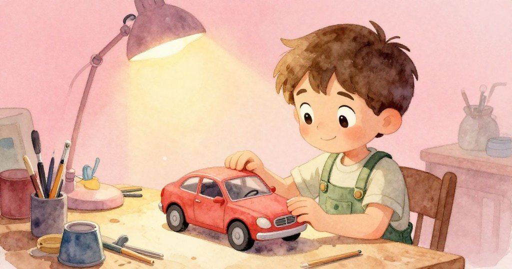 Cyrus 坐於工作桌旁，滿足地欣賞修好的車子，柔和燈光與工具點綴靜謐工坊，展現成功後的平和情緒。