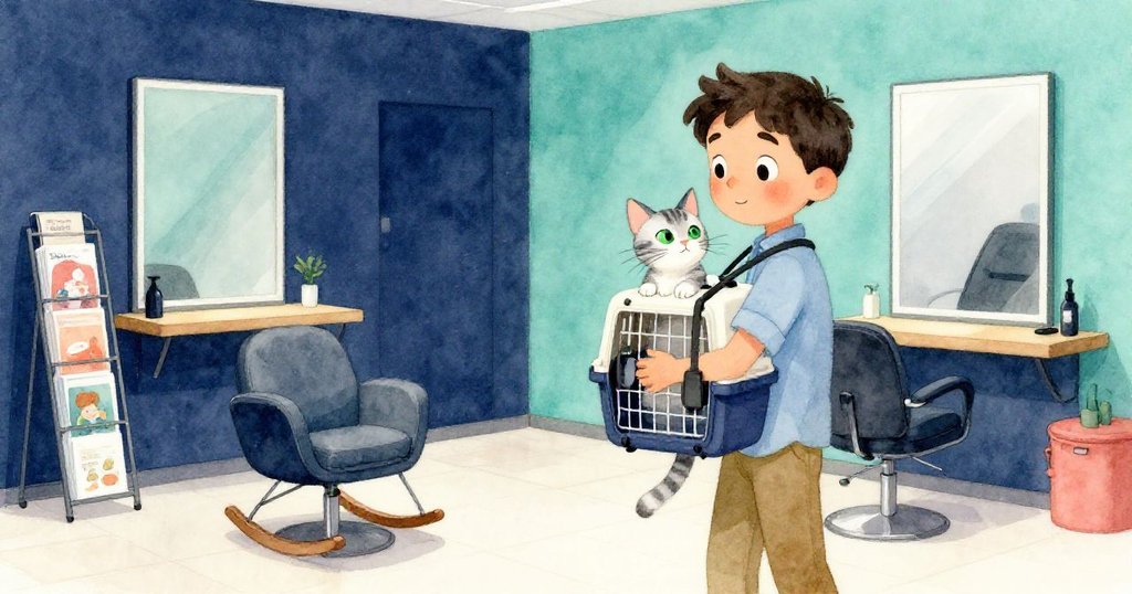 皮爾斯帶著銀條紋貓巴希爾進入現代沙龍，背景有擺動的座椅和雜誌架，皮爾斯神情好奇且溫暖。